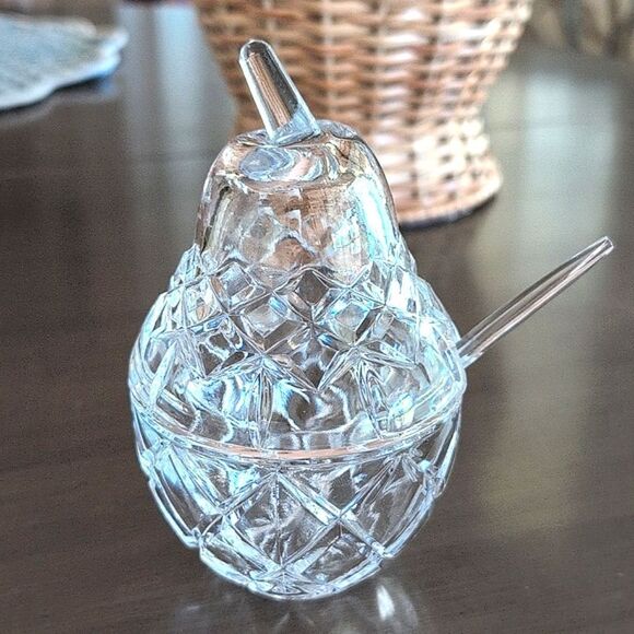 Vintage Clear Glass Pear Shaped Jam Jar Condiment Serving Dish with Spoon - Picture 3 of 10